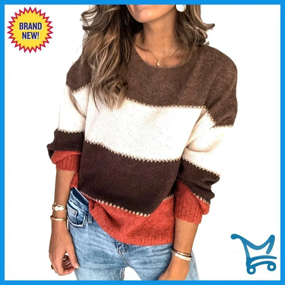 Casual Long Sleeve Crewneck Color Block Patchwork Pullover Knit Sweater Tops